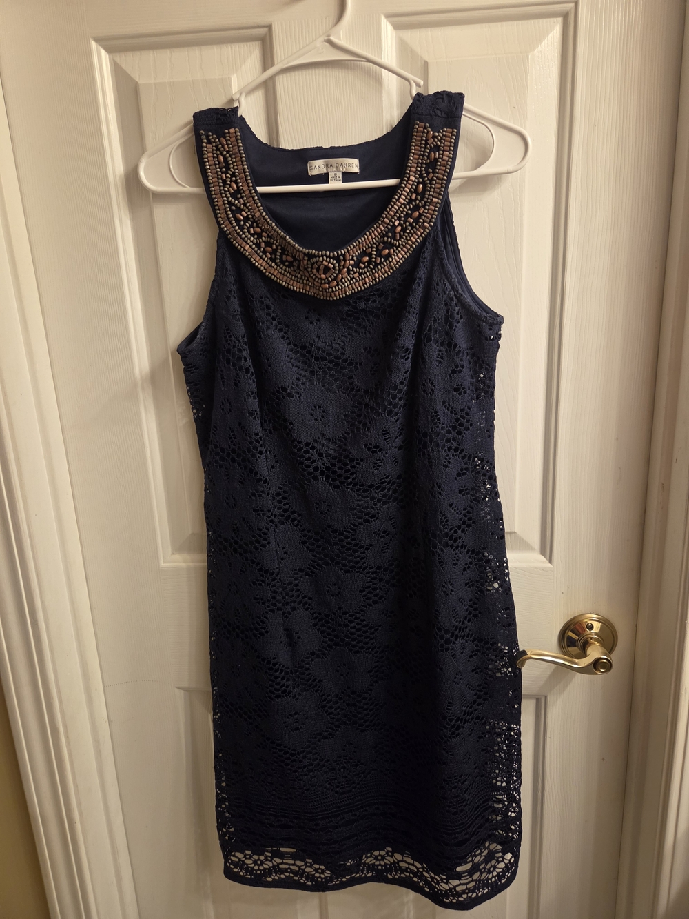 Sandra Darren Navy Lace Shift Dress with Beaded Neckline